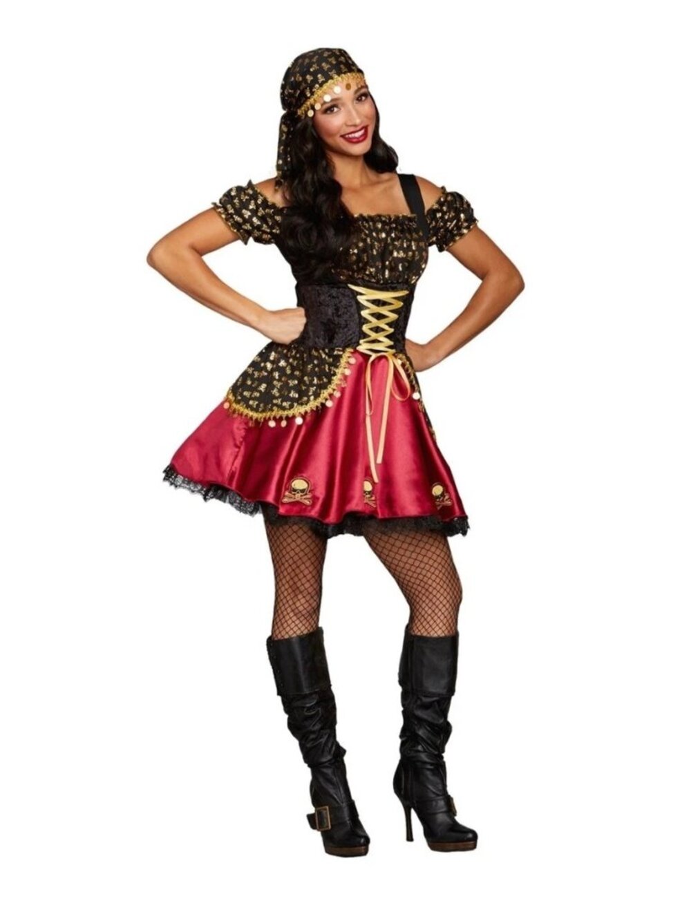Womens Medium Pirate Costume With Gold Skull Details & Burgundy Skirt Gasparilla